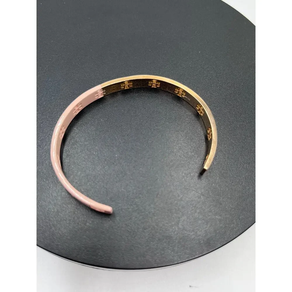 Tory Burch Pretty‎ Pink Half Enamel Dipped Gold Plated Cuff Bracelet